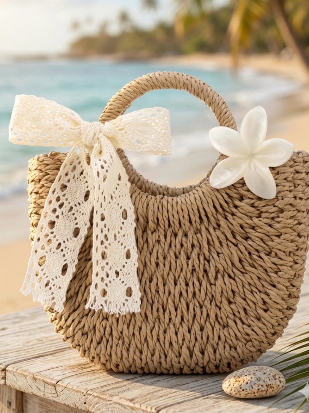 Straw Tote Bags With Flower Hair Clips